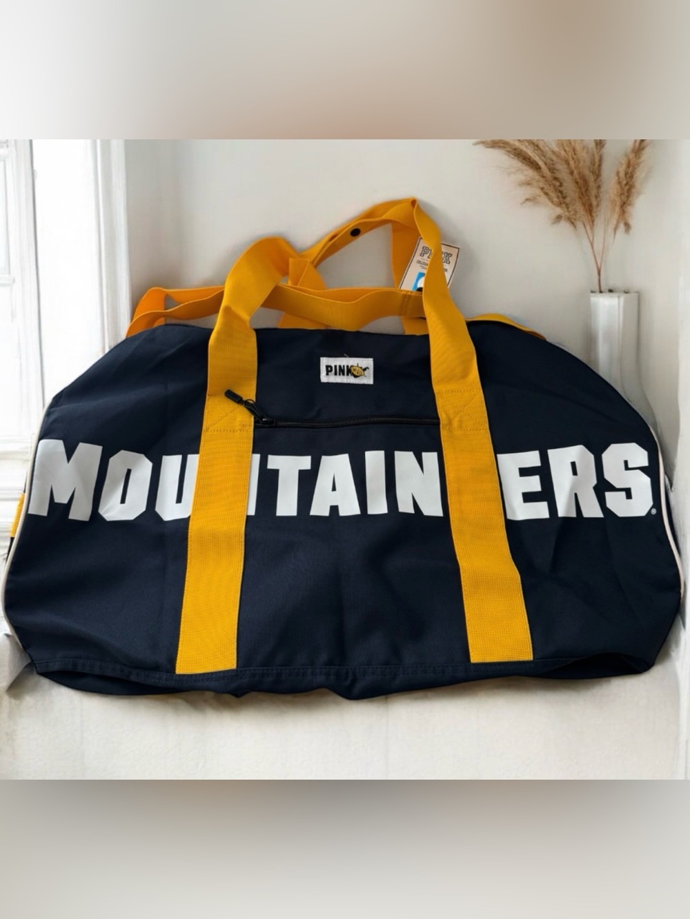 PINK Victoria's Secret Navy and Yellow 'Mountaineers' Canvas Duffle